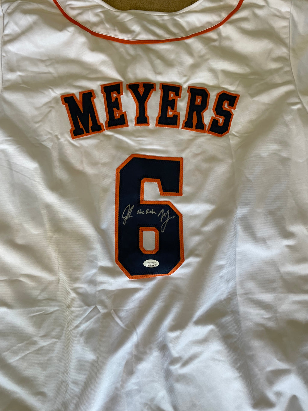 Jake Meyers Autographed Custom White Jersey with The Rake Inscription image 0