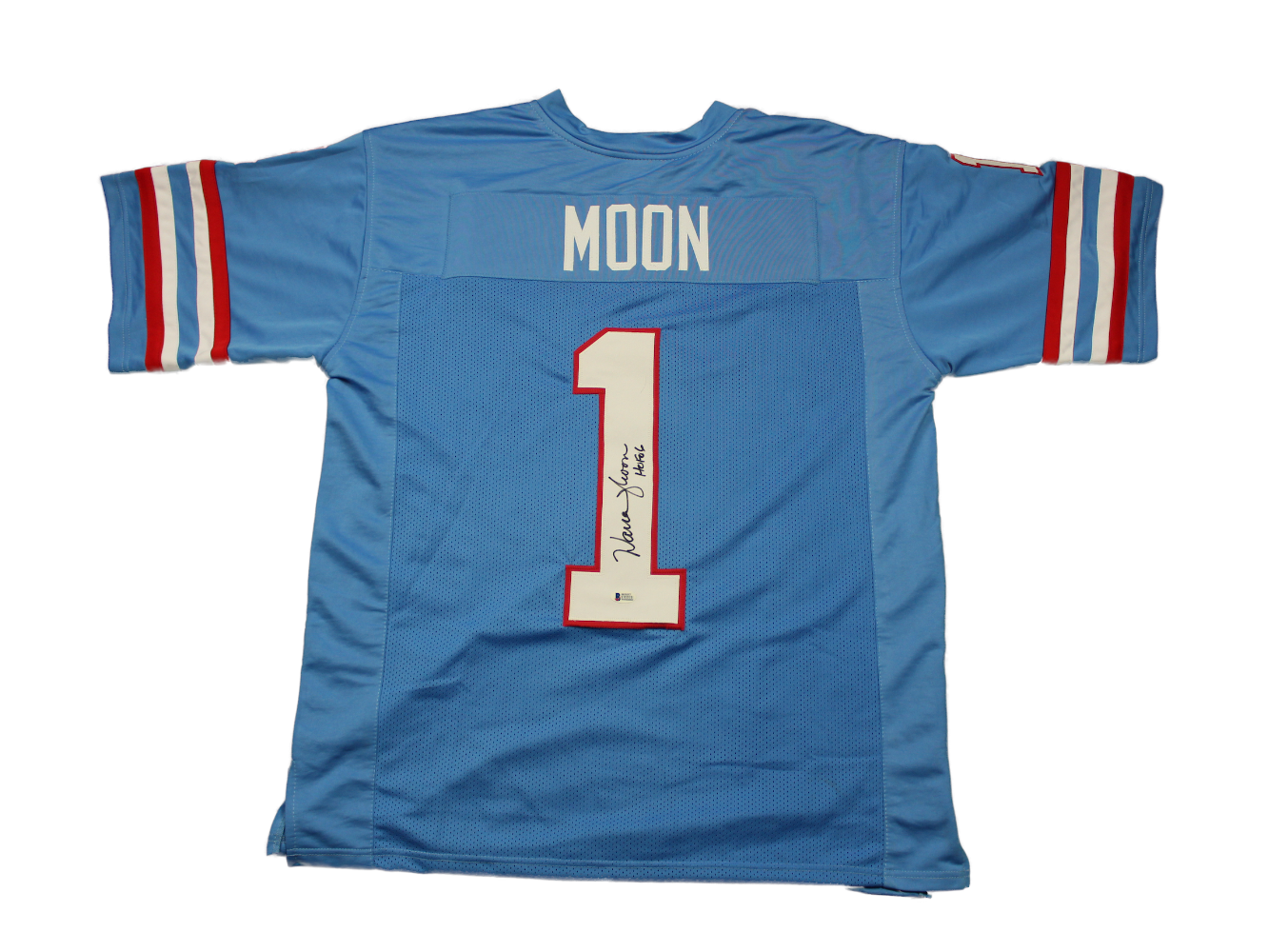 Warren Moon Autographed Custom Houston Oilers Jersey with HOF Inscription image 0