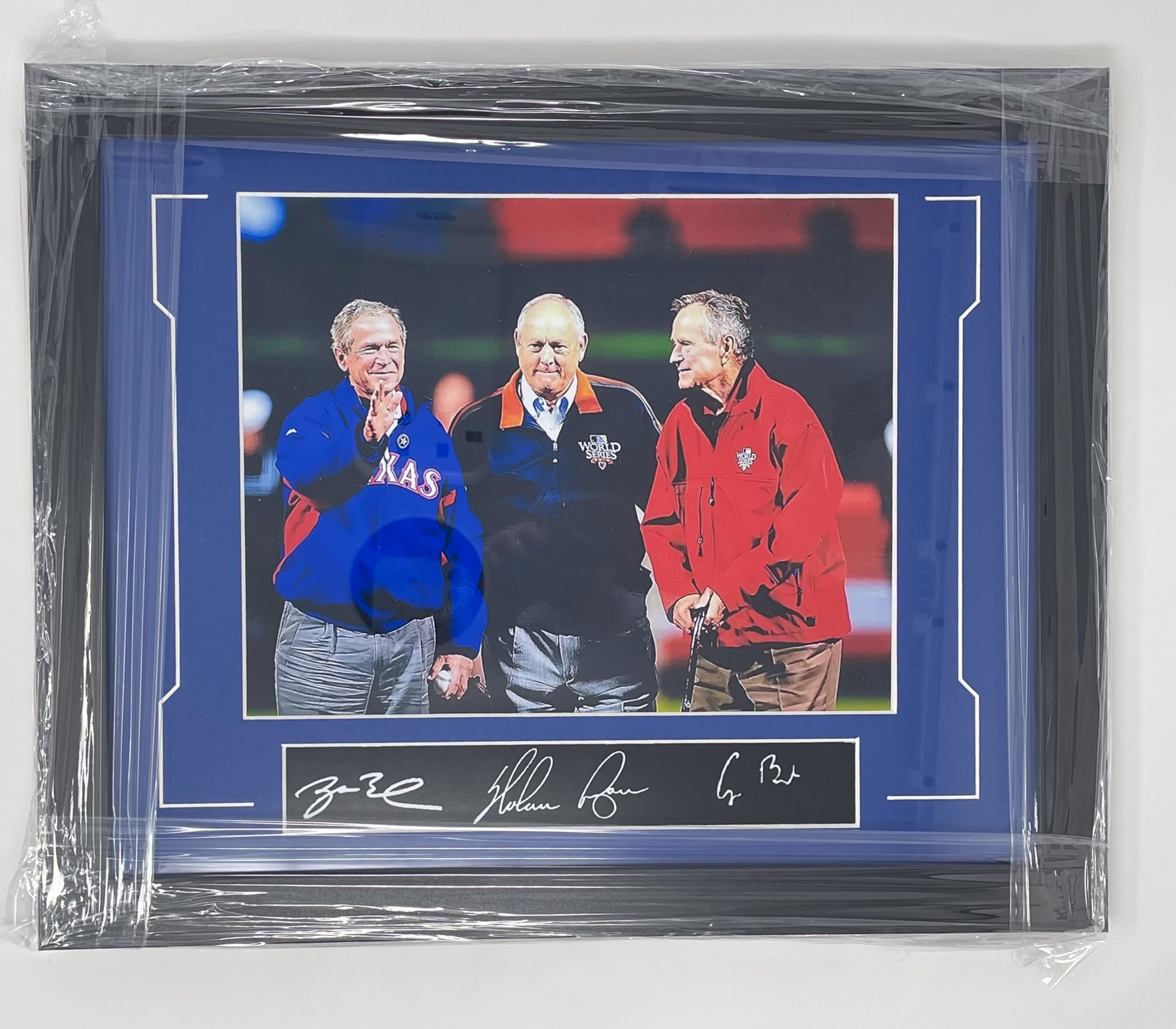 Presidents George H. and George W. Bush, wt Nolan Ryan Framed Facsimile image 0