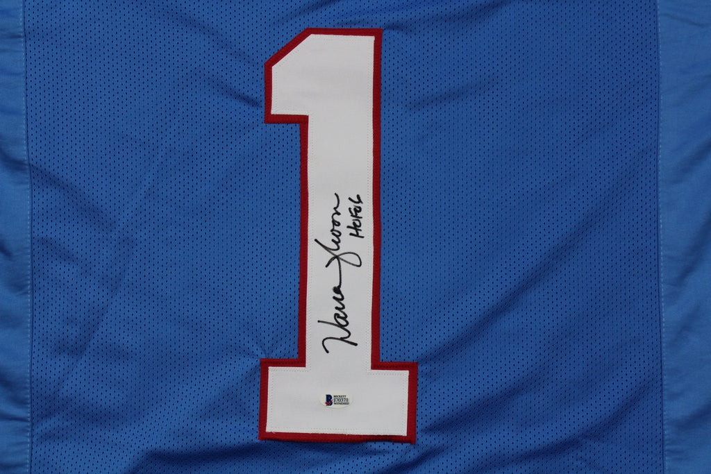 Warren Moon Autographed Custom Houston Oilers Jersey with HOF Inscription image 1