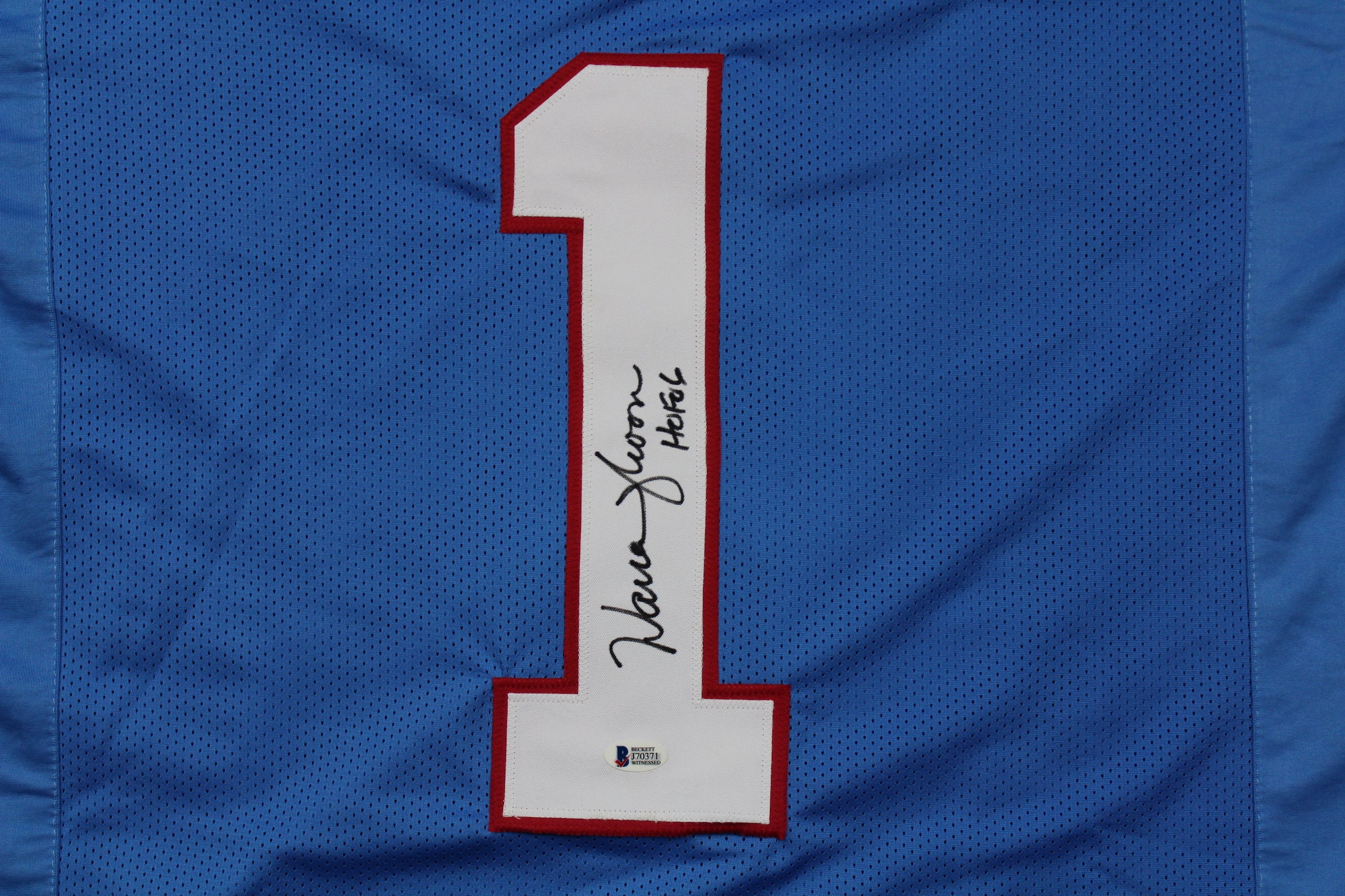 Warren Moon Autographed Custom Houston Oilers Jersey with HOF Inscription image 1