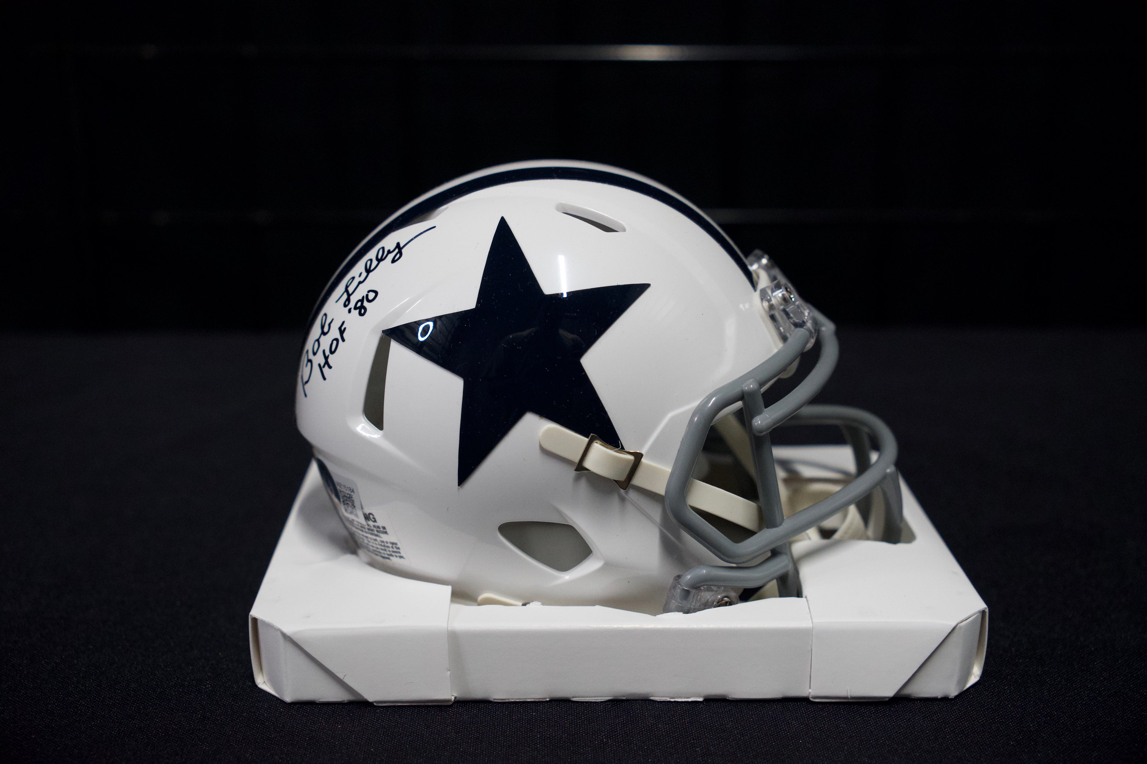 dallas cowboys football helmet signed by bob lilly Autographed Throwback 1960-1963 Mini with HOF 1980 Inscription This throwback mini helmet has been personally hand LEGENDARY PLAYERS - BOB LILLY